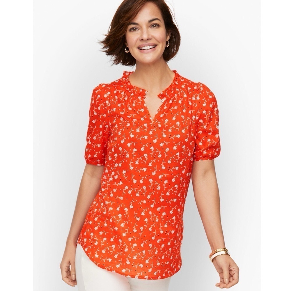 Talbots Ruffle Popover Blouse Scattered Blossoms Orange with White Flowers Large